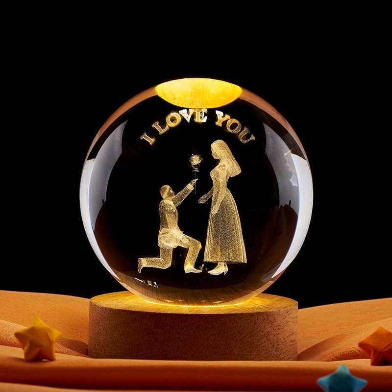 Verixpress 3D Crystal Love You Lamp for Couples Engraved Crystal Ball LED Night Light with Wooden Base - USB Powered Glass Ball Led Night Light Table Lamp
