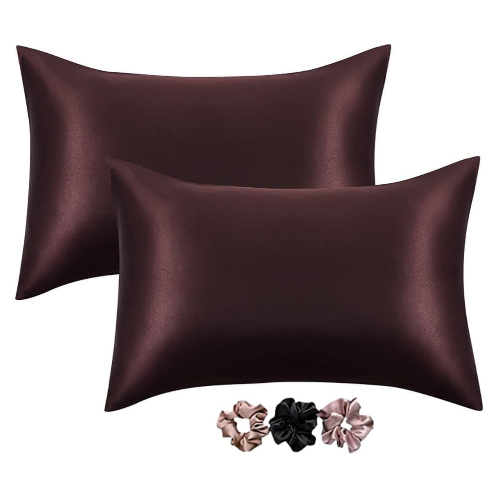 Verixpress Satin Silk Solid Pillow Covers 400 Tc Pack Of 2 For Hair And Skin-With Satin Scrunchies For Women Stylish|Satin Pillow Coves For Hair And Skin|Scrunchies For Women 3-Piece|Pillow Case(Brown)