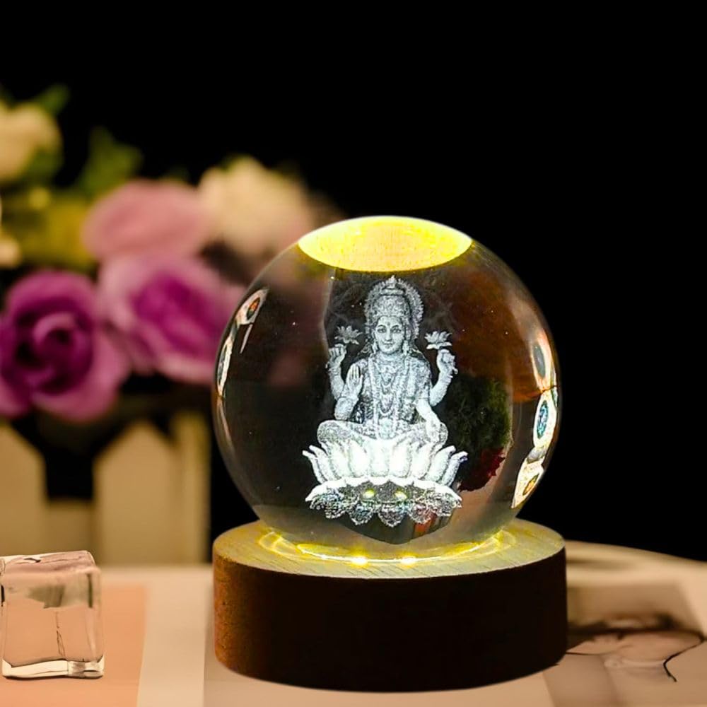 Verixpress Goddess Laxmi Ji Crystal Ball Night Light 2.4 Inch Glass Ball Night LED Lamp with Woodern Base Perfect for Gift | Corded Electric Table Night Light