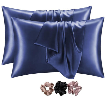 Verixpress Satin Silk Pillow Covers Pack of 2 for Hair and Skin-with Satin Scrunchies for Women|Satin Pillow Cover for Hair and Skin|scrunchies for Women 3-Piece|Silk Pillow case(Nevyblue)