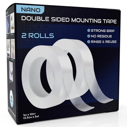 Qatalitic 2 Pcs Double Sided Adhesive Tape 3 Metre Heavy Duty, Clear & Tough Nano, Removable, Reusable and Washable Transparent Adhesive Tape for DIY Art & Craft