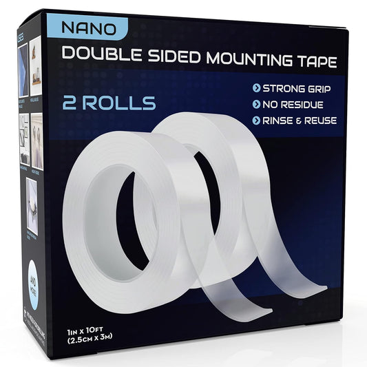 Qatalitic 2 Pcs Double Sided Adhesive Tape 3 Metre Heavy Duty, Clear & Tough Nano, Removable, Reusable and Washable Transparent Adhesive Tape for DIY Art & Craft