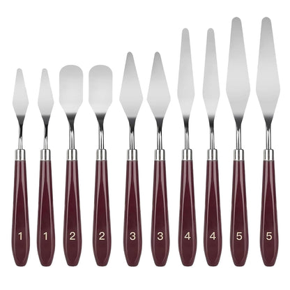 Veriexprees  Set of 10 Palette Painting Knives of Various Sizes & Shapes, Stainless Steel Scraper Spatula Polished Brown Handle for Artist Canvas Oil Paint Color Mixing
