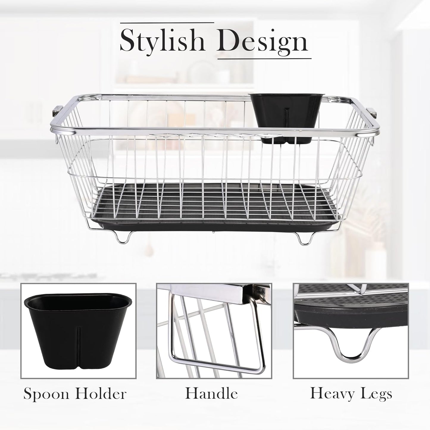 Veriexpress Industries Stainless Steel Dish Rack for Kitchen | Vessels Organizer Stands with Handle | Spoon Holder & Draining Tray Included | 17x22 Inch