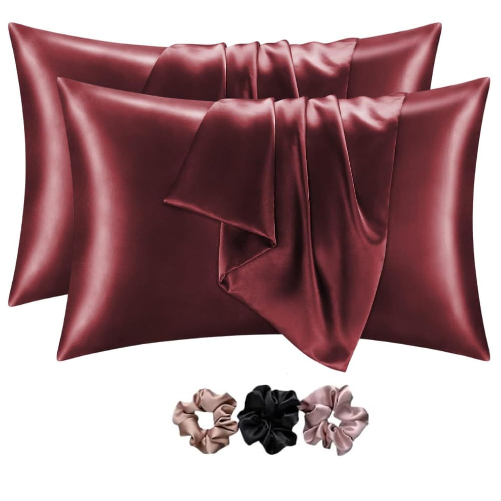 Verixpress Satin Silk Pillow Covers Pack of 2 for Hair and Skin-with Satin Scrunchies for Women|Satin Pillow Cover for Hair and Skin for Women 3-Piece|Silk Pillow case (Maroon)