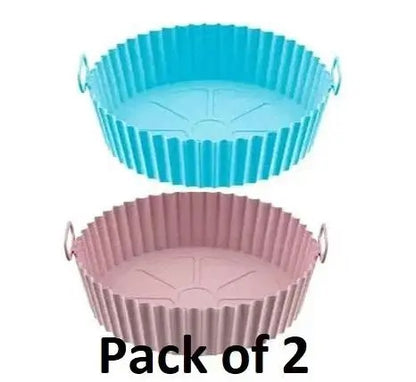 Veriexpress Air Fryer Liners I Round Silicone Basket Baking Tray I Pot with Ear Handles I Nonstick Reusable Heat Resistant I Cooking Oven Insert Accessories - Multicolor (8 inch, Pack of 2)