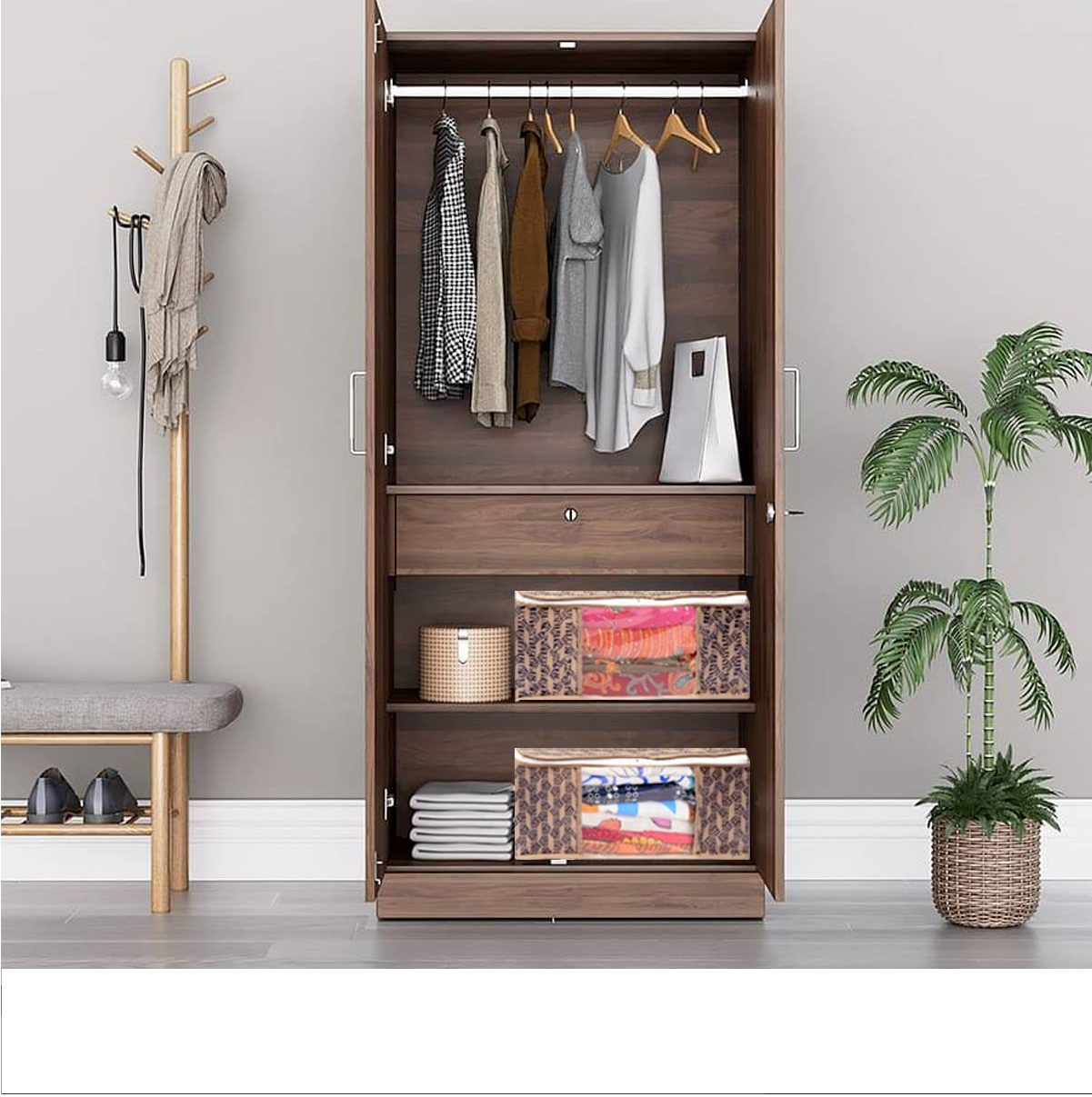 Verixpress Set of 6 Non-Woven Printed Saree Cover/Cloth Storage/Organizer with Transparent Window (Beige)