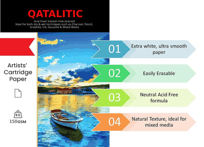 Qatalitic Cartridge A4 White Sketch Paper 150 GSM Set of 20sheets, for Artists, Ideal for Charcoal, Graphite, Acrylic, Watercolor, Gouache, Ink, & Other Mixed Media