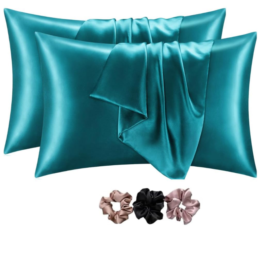 Verixpress Satin Silk Pillow Covers Pack of 2 for Hair and Skin-with Satin Scrunchies for Women Stylish|Satin Pillow Cover for Hair and Skin |scrunchies for Women 3-Piece|Silk Pillow case  (turqoise blue)