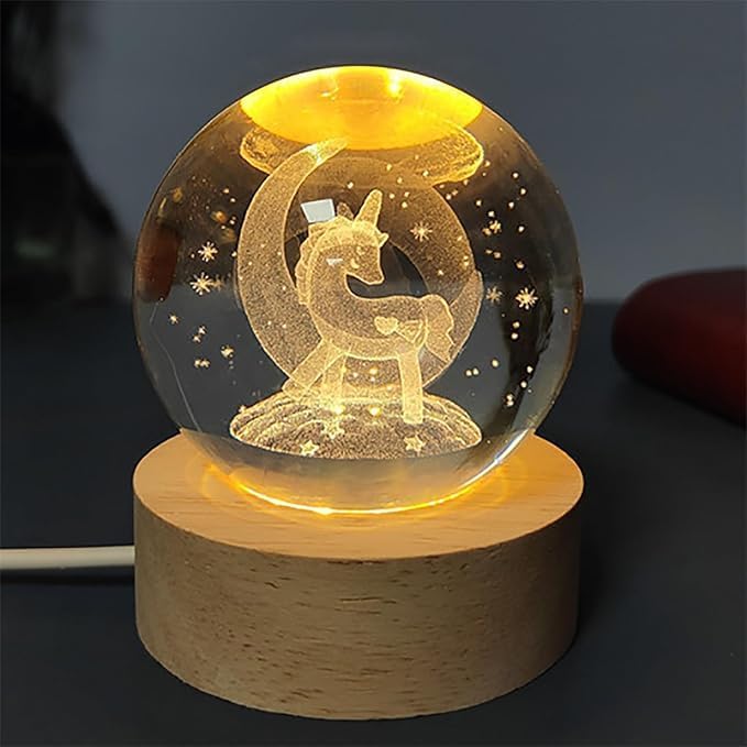 Verixpress 3D Unicorn Crystal Ball Night Light with Wooden Base - LED USB Table Lamp for Kids, Teens, and Home Decor