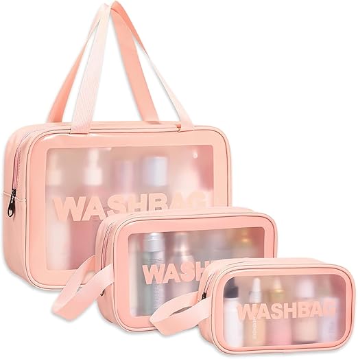 Verixpress Wash Bag Pouch for Travel Kit Toiletry Bag Cosmetic Bag Make Up Box for Brushes, Accessories with Handle, Large Capacity Translucent Waterproof Travel Storage Organizer Set of 3 (Pink)