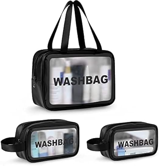 Verixpress Wash Bag Pouch for Travel Kit Toiletry Bag Cosmetic Bag Make Up Box for Brushes, Accessories with Handle, Large Capacity Translucent Waterproof Travel Storage Organizer Set of 3 (Black)