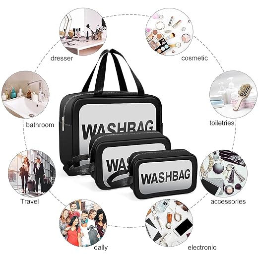 Verixpress Wash Bag Pouch for Travel Kit Toiletry Bag Cosmetic Bag Make Up Box for Brushes, Accessories with Handle, Large Capacity Translucent Waterproof Travel Storage Organizer Set of 3 (Black)