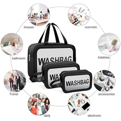 Verixpress Wash Bag Pouch for Travel Kit Toiletry Bag Cosmetic Bag Make Up Box for Brushes, Accessories with Handle, Large Capacity Translucent Waterproof Travel Storage Organizer Set of 3 (Black)