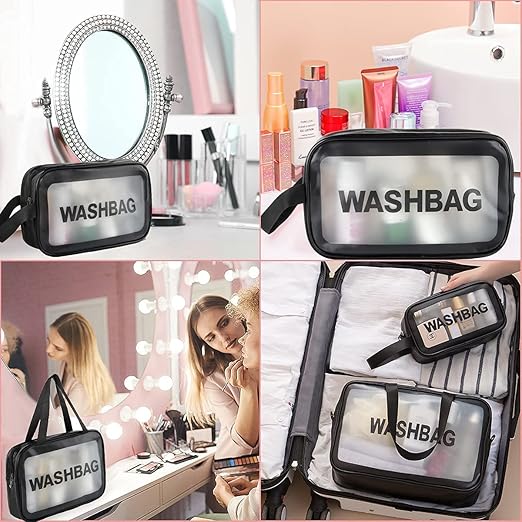 Verixpress Wash Bag Pouch for Travel Kit Toiletry Bag Cosmetic Bag Make Up Box for Brushes, Accessories with Handle, Large Capacity Translucent Waterproof Travel Storage Organizer Set of 3 (Black)