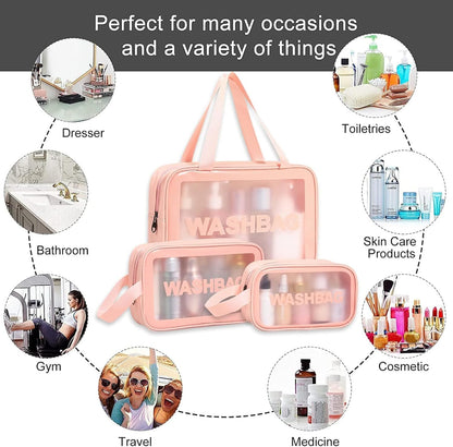 Verixpress Wash Bag Pouch for Travel Kit Toiletry Bag Cosmetic Bag Make Up Box for Brushes, Accessories with Handle, Large Capacity Translucent Waterproof Travel Storage Organizer Set of 3 (Pink)